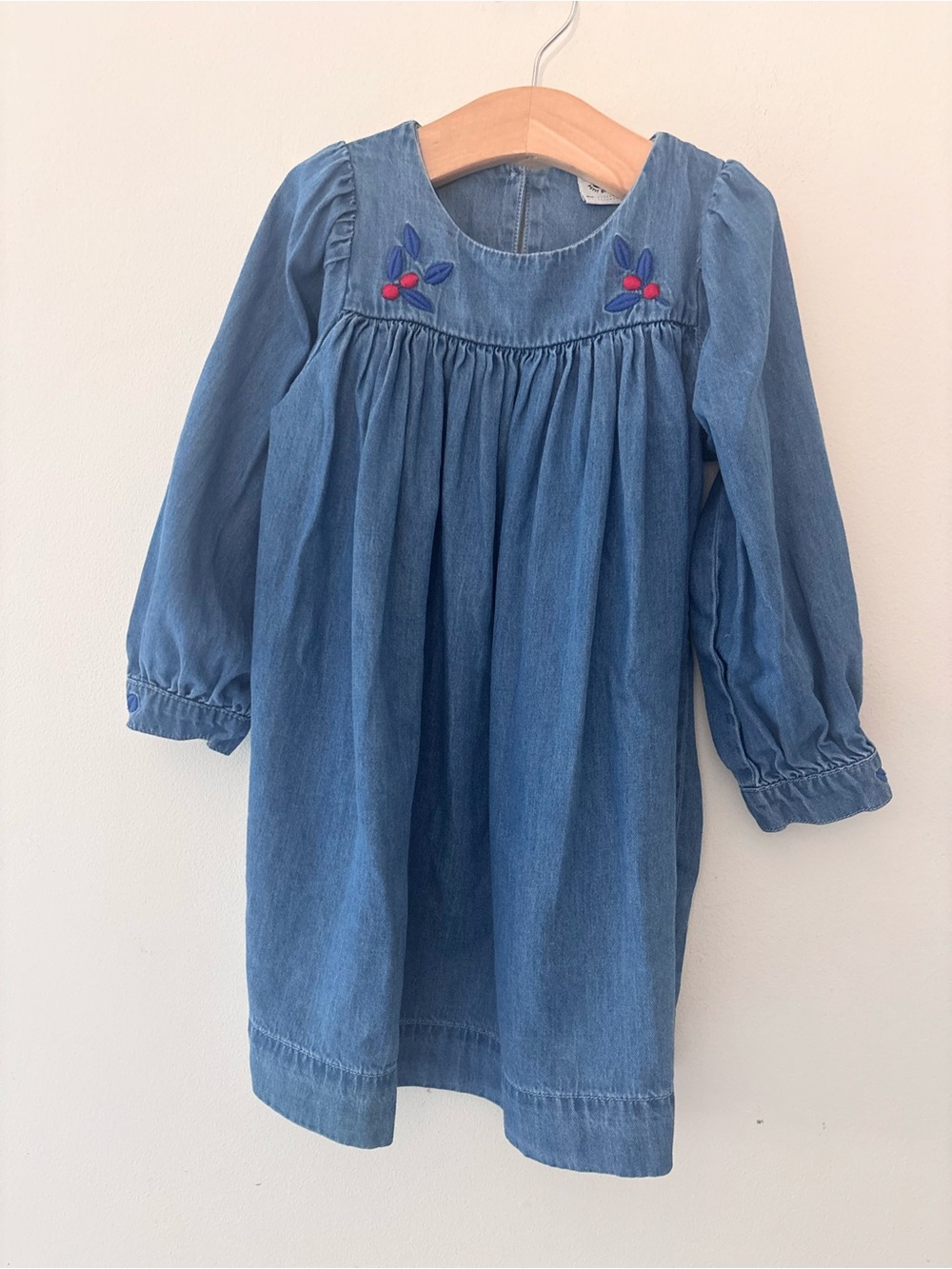 Petit Bateau dress cotton blue denim embroidered long sleeve 4T
